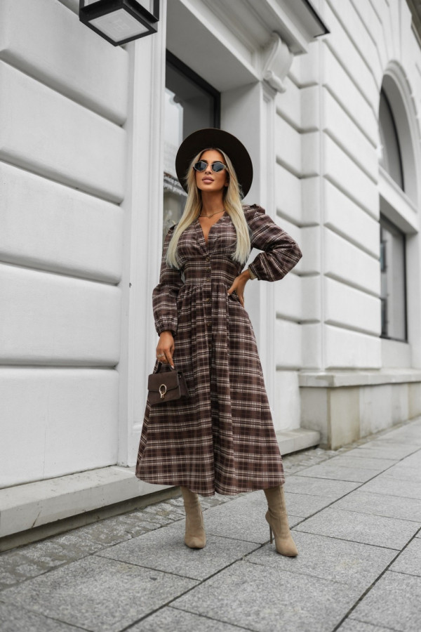Sukienka bawełniana maxi w kratę czekoladowa