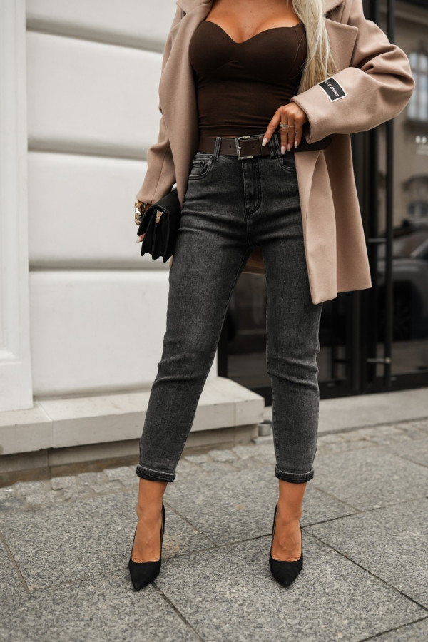 Spodnie jeansowe boyfriend z paskiem w komplecie grafitowy jeans