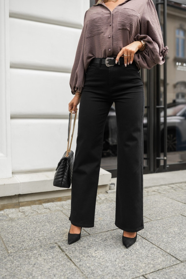Spodnie jeansowe wide leg z z wysokim stanem i paskiem w komplecie czarne