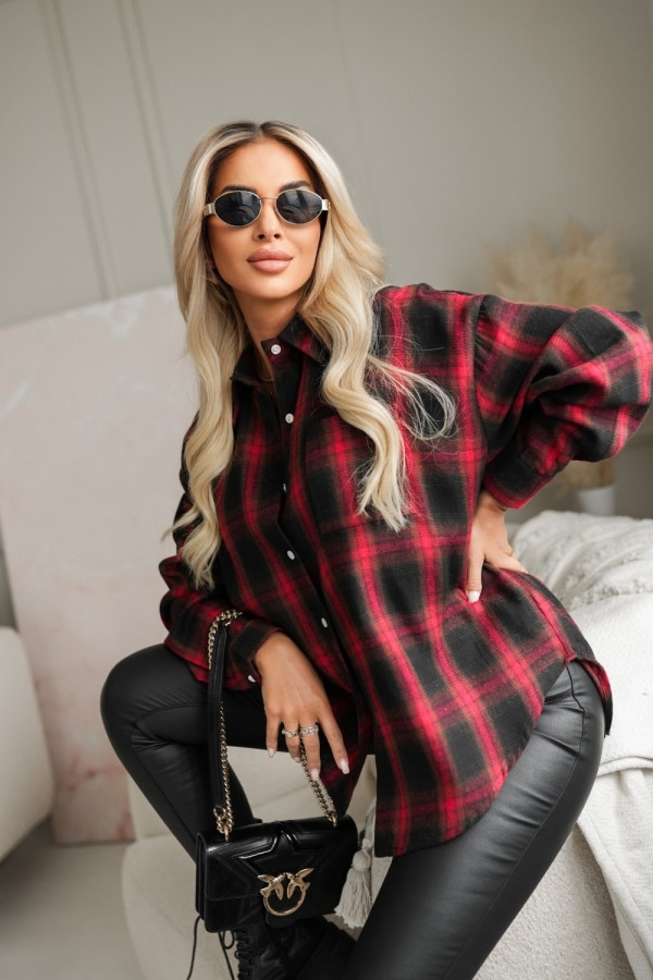 Koszula z kołnierzykiem papaya w kratę czerwono-czarna