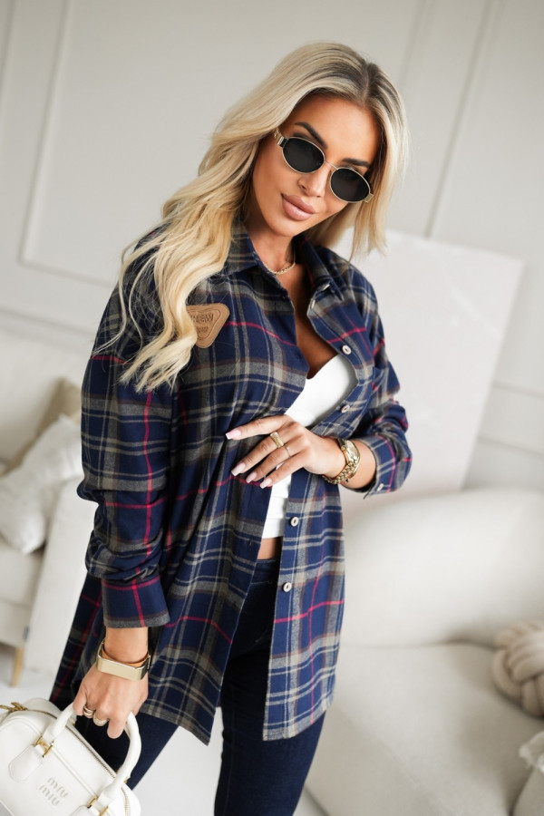 Koszula bawełniana z naszywkami w kratę granatowo-czerwona