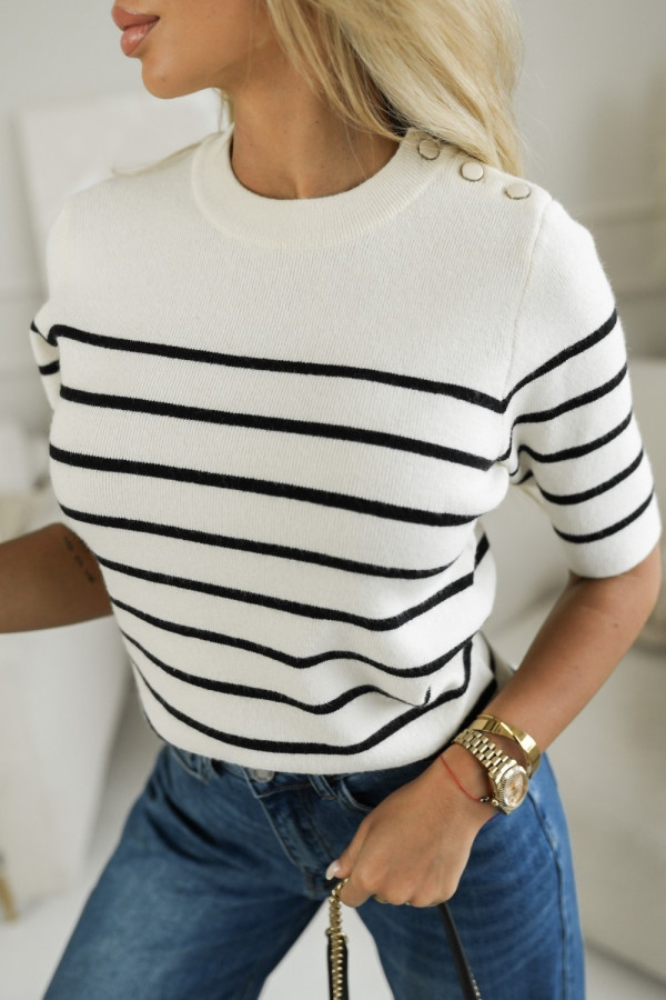 Sweterek z krótkim rękawem z wiskozy w paski ecru-czarne