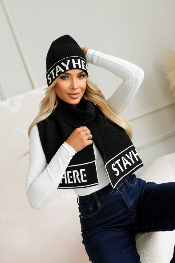 Komplet zimowy logowany czapka + szal czarno-biały