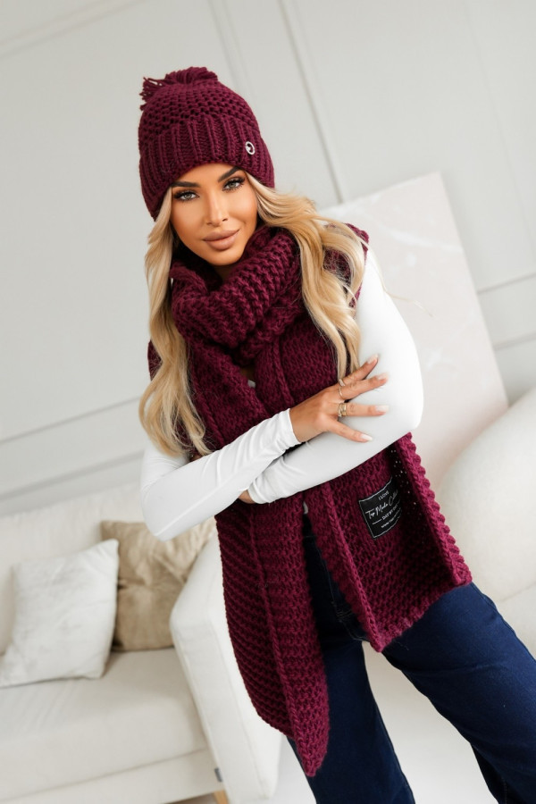 Komplet dzianinowy z wełną czapka z pomponem + długi szal burgundowy