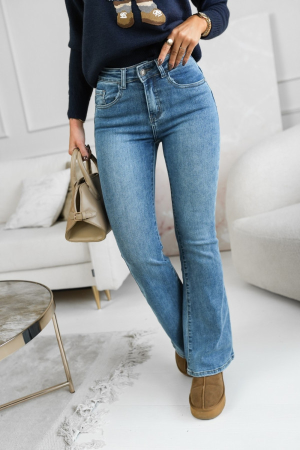 Spodnie jeansowe dzwony z kieszeniami w kształcie serduszek niebieski jeans