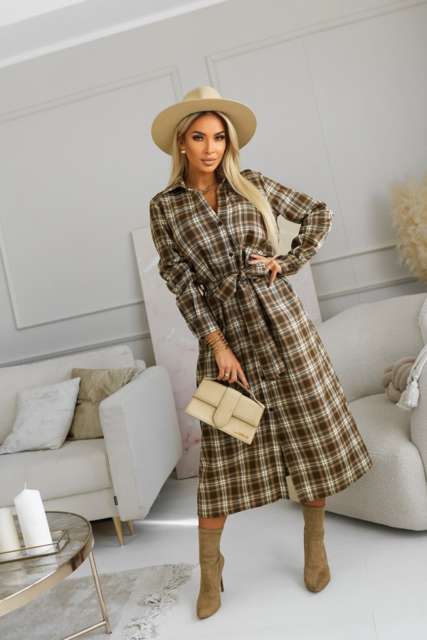 Sukienka koszulowa z wiskozy maxi w kratę czekoladowo-beżowa