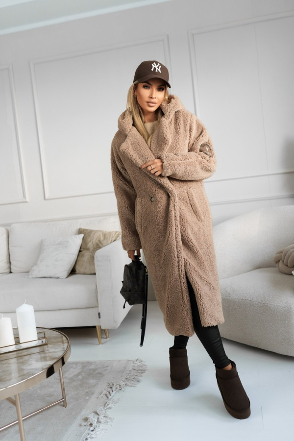 Płaszcz pluszowy teddy z kapturem beżowy