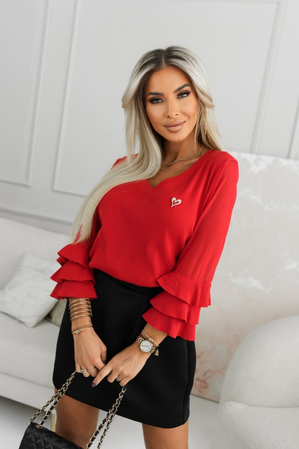 Bluzka z prążkowanego materiału z rękawami z siateczki czerwona