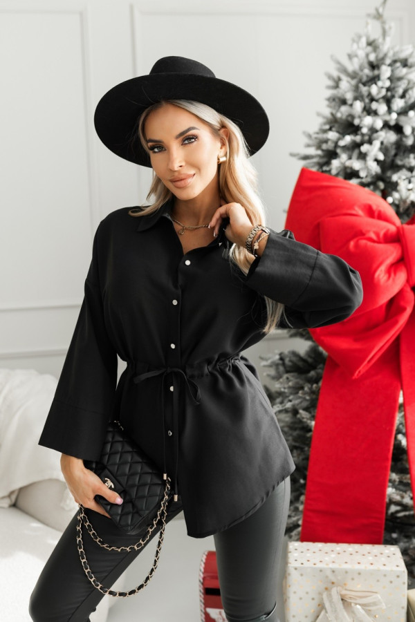 Koszula z kołnierzykiem ze ściągaczem w talii czarna