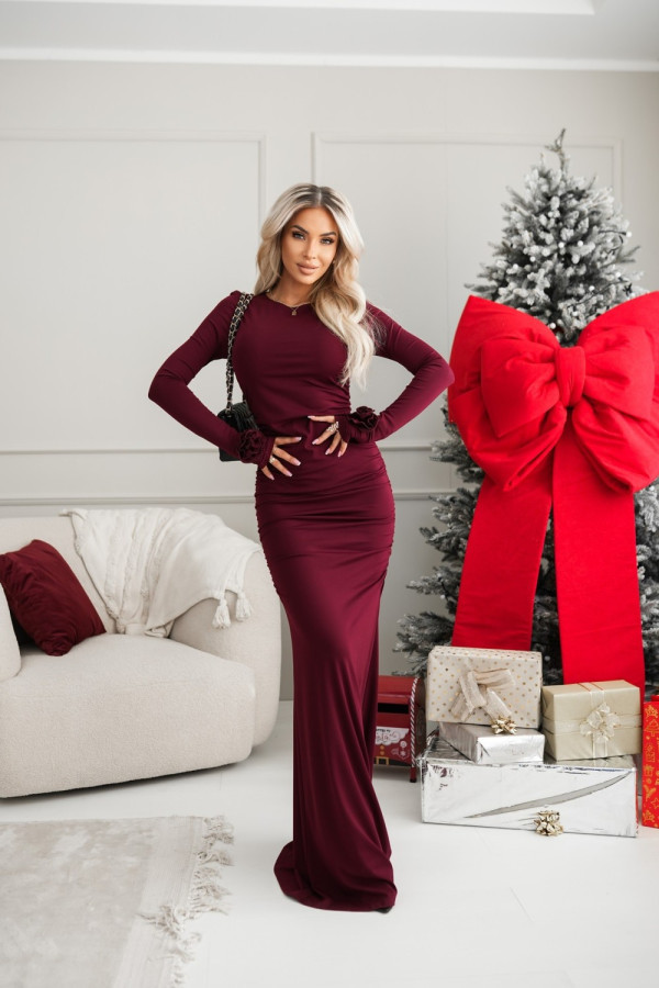 Sukienka victoria maxi z różami na mankietach burgundowa