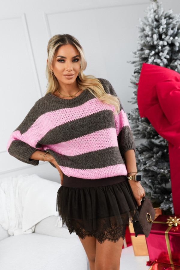 Sweterek santorini w paski z wełną pudrowo-brązowy