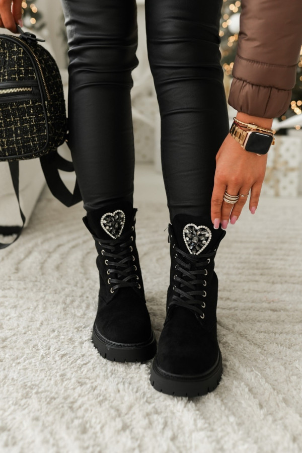 Botki workery z kryształkami w kształcie serca z eko zamszu czarne