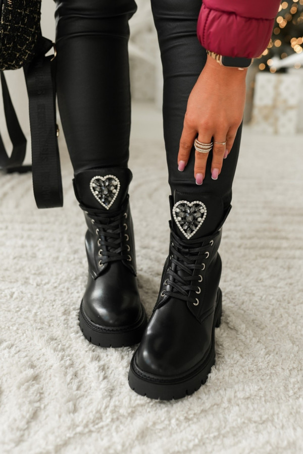 Botki workery z kryształkami w kształcie serca z eko skóry czarne