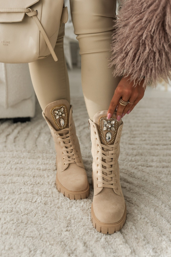 Botki workery zamszowe z kryształkami beżowe