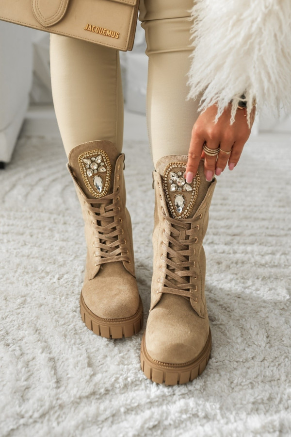 Botki workery zamszowe z kryształkami beżowe