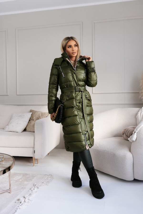 *płaszcz pikowany z odpinanym kapturem z paskiem w komplecie oliwkowy