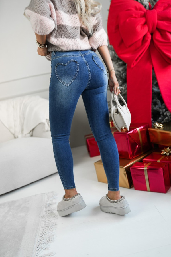 Spodnie jeansowe skinny z kieszeniami serduszkami niebieski jeans
