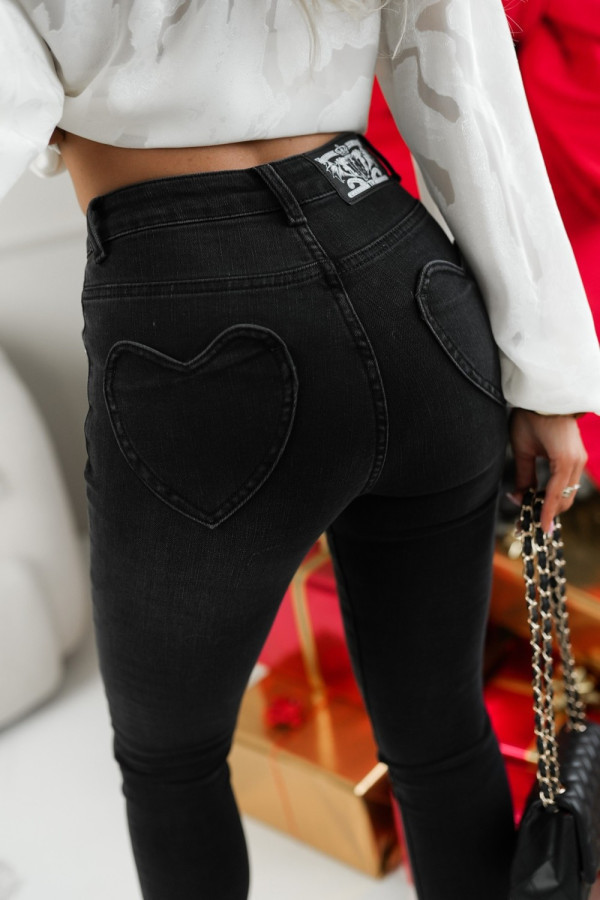 Spodnie jeansowe skinny z kieszeniami serduszkami grafitowy jeans