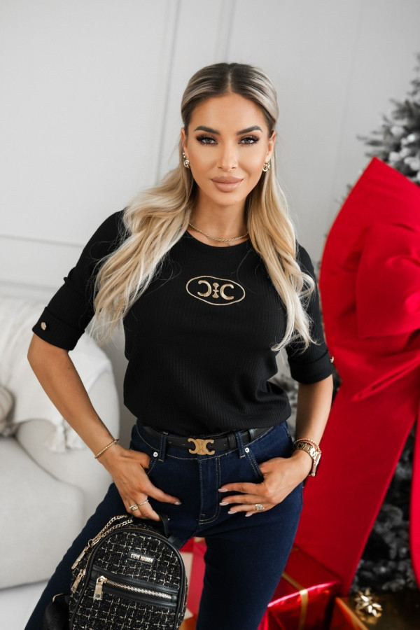 Bluzka z prążkowanego materiału z haftowanym logo czarna