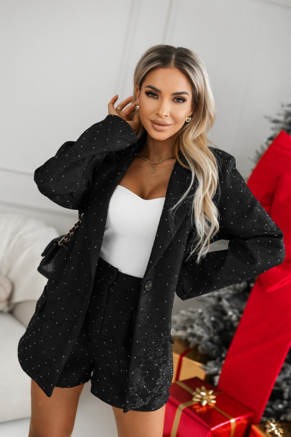 Marynarka capri zdobiona koronką i cyrkoniami czarna