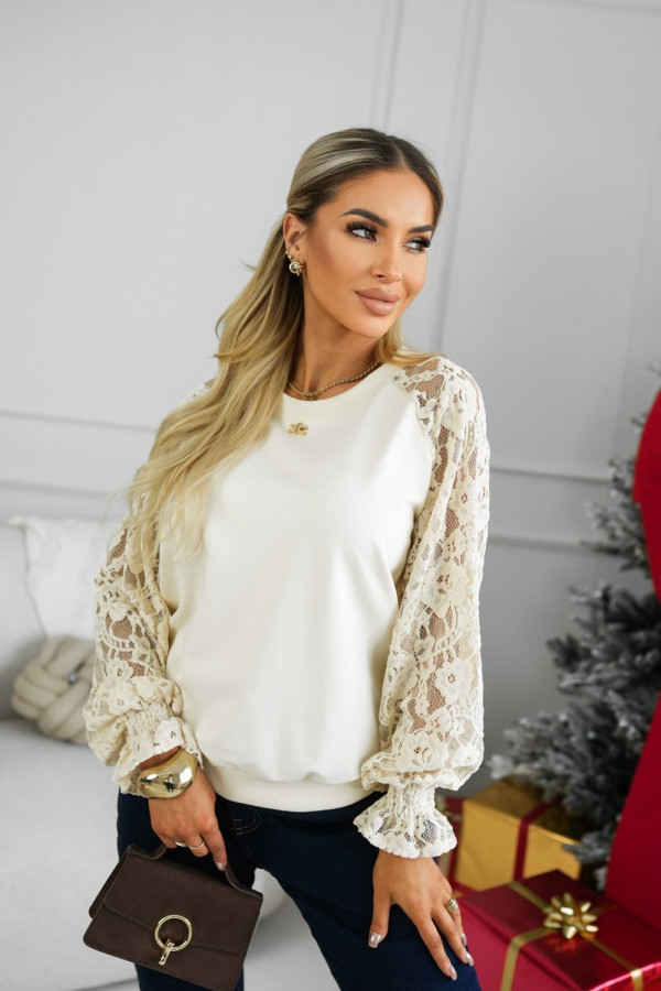 Bluza bawełniana z koronkowymi rękawami beżowa