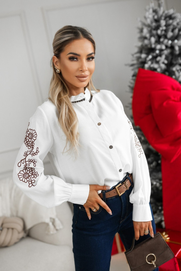 Bluzka koszulowa z haftami biała