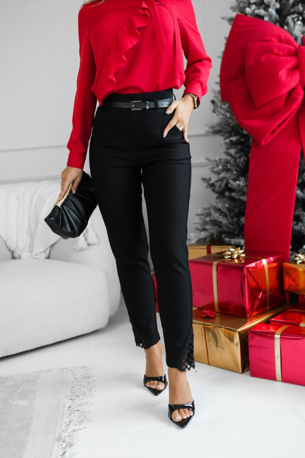 Spodnie eleganckie z wysokim stanem zdobione koronką z paskiem w komplecie czarne