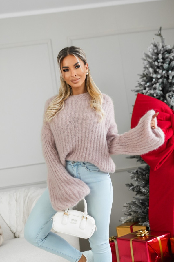 Sweter moherowy dzwoneczek z wełną brudny róż