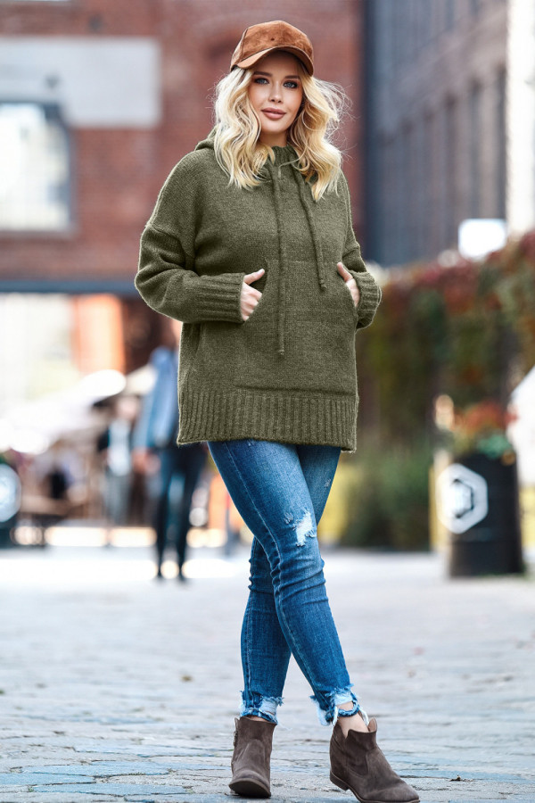 Sweter oversize z kapturem kangurka khaki