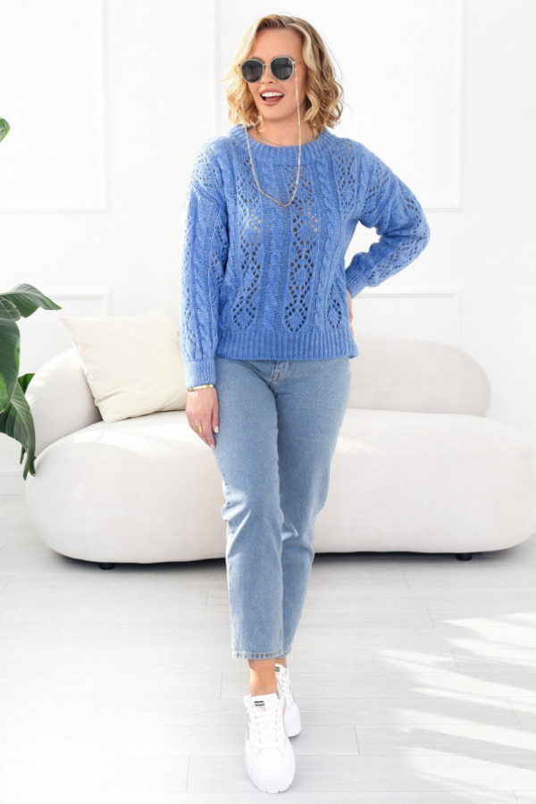 Krótki ażurowy sweter ela niebieski