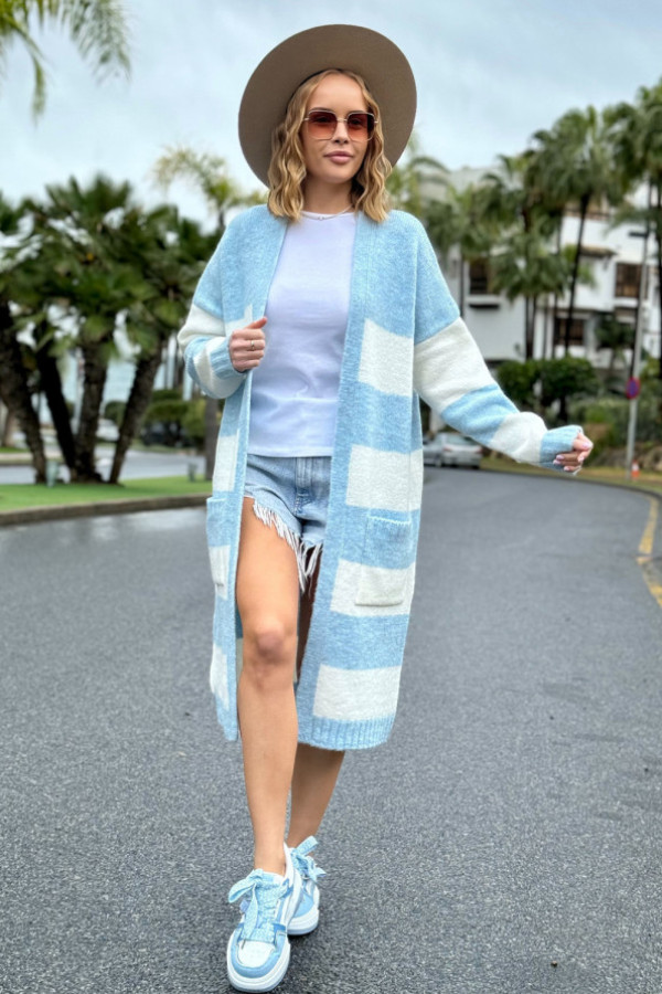 Długi kardigan w kolorowe pasy arleta błękit-ecru