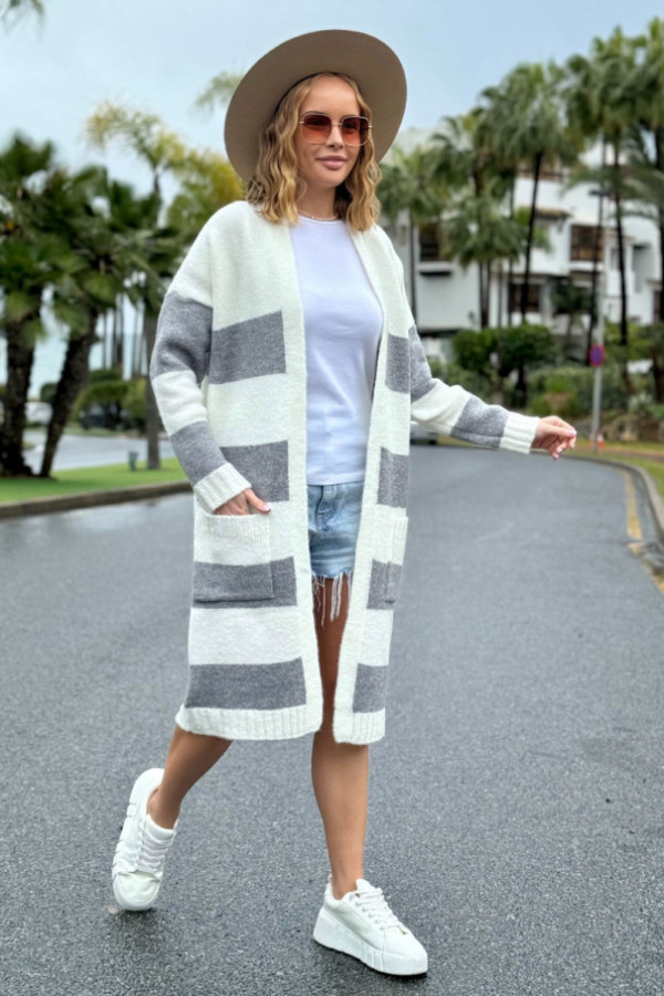 Długi kardigan w kolorowe pasy arleta ecru-ciemnoszary