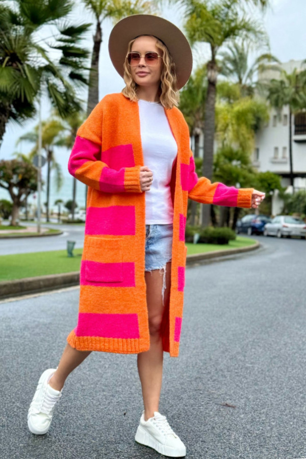 Długi kardigan w kolorowe pasy arleta pomarańcz-fuksja