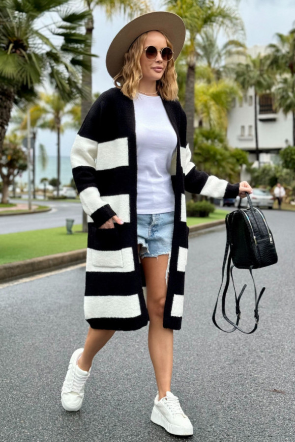 Długi kardigan w kolorowe pasy arleta czarny-ecru