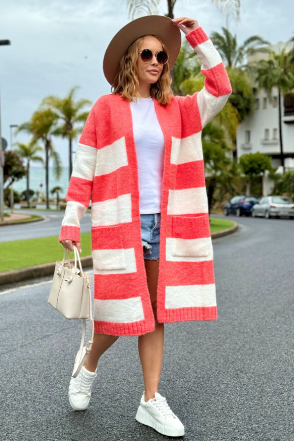 Długi kardigan w kolorowe pasy arleta koral-ecru