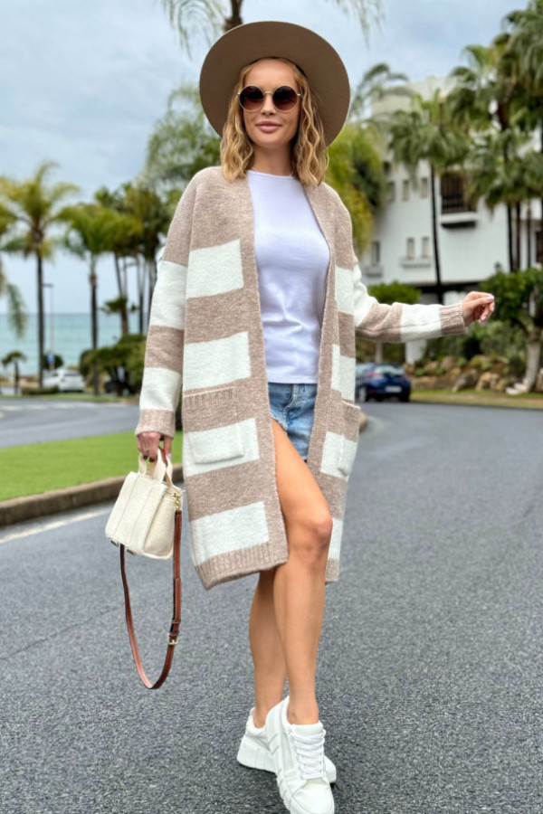 Długi kardigan w kolorowe pasy arleta beż-ecru