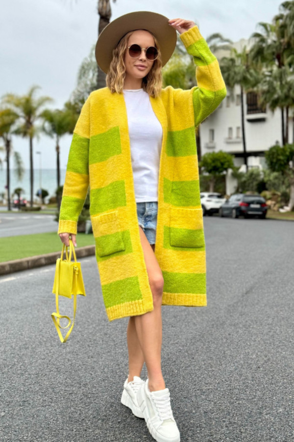 Długi kardigan w kolorowe pasy arleta cytryna-limonka