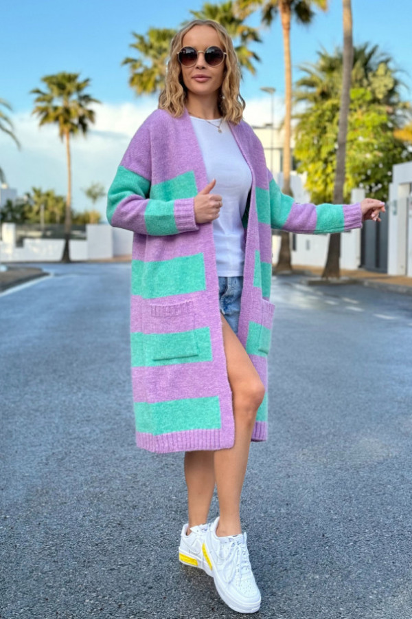 Długi kardigan w kolorowe pasy arleta lila-seledyn