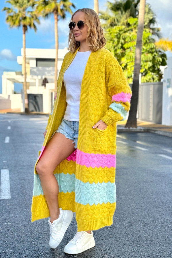 Długi kolorowy kardigan z kieszeniami lucy cytryna