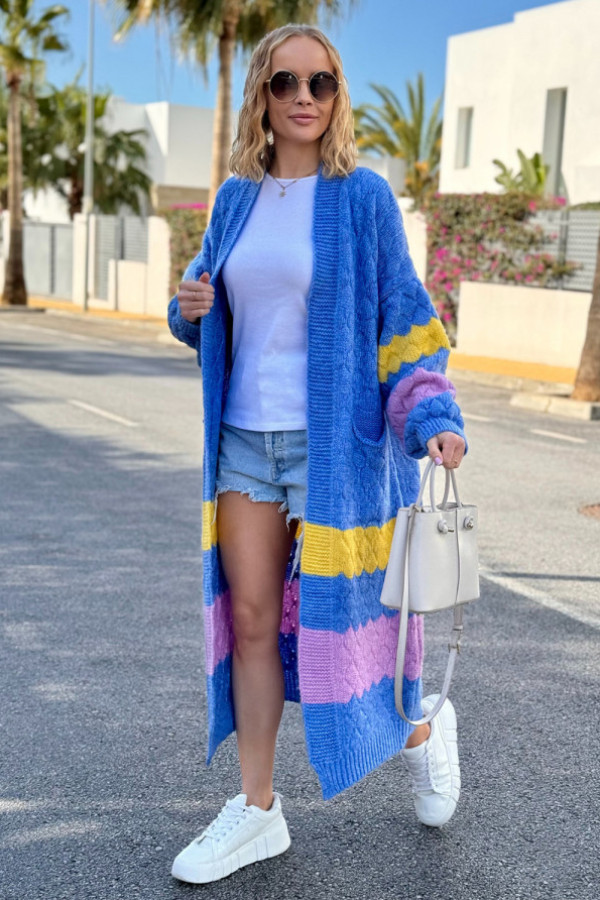 Długi kolorowy kardigan z kieszeniami lucy niebieski