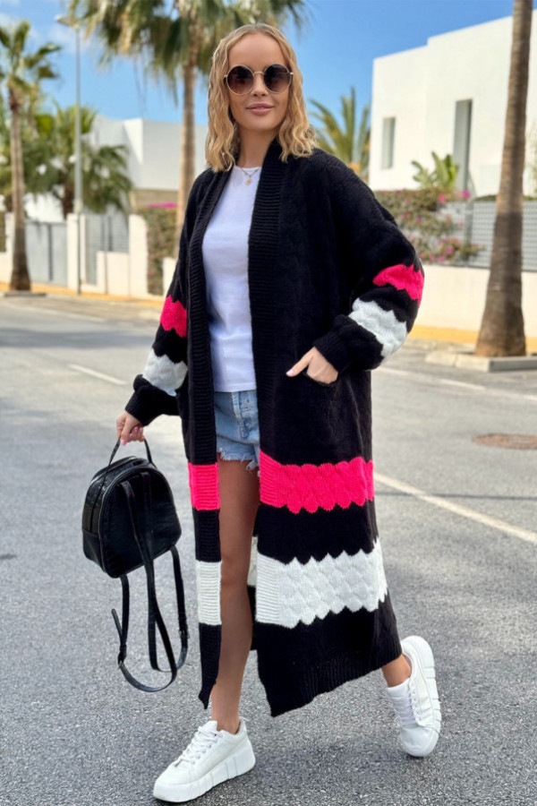 Długi kolorowy kardigan z kieszeniami lucy czarny