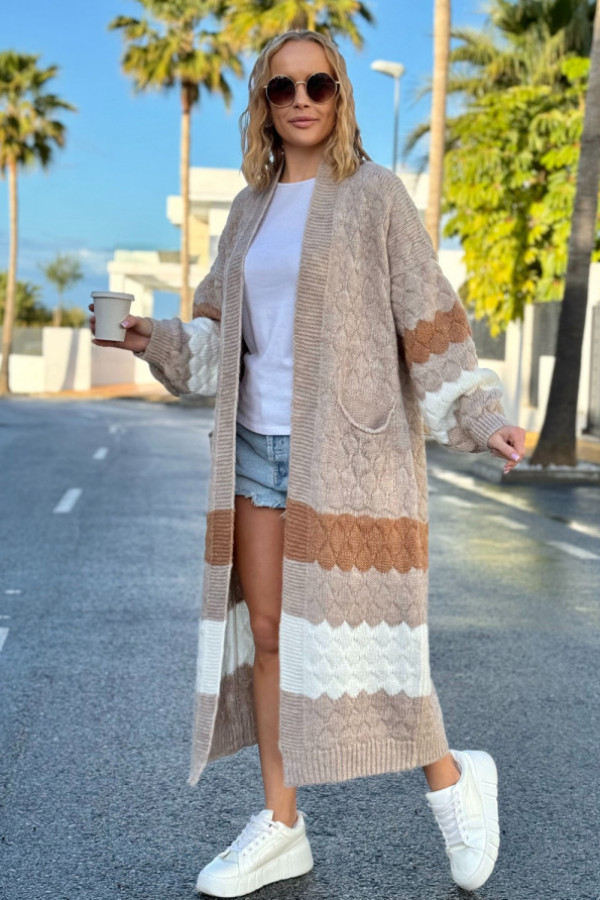 Długi kolorowy kardigan z kieszeniami lucy beż