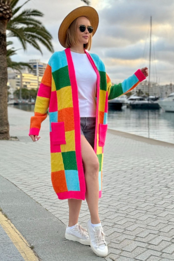 Długi kolorowy kardigan z kieszeniami valeria fuksja-niebo