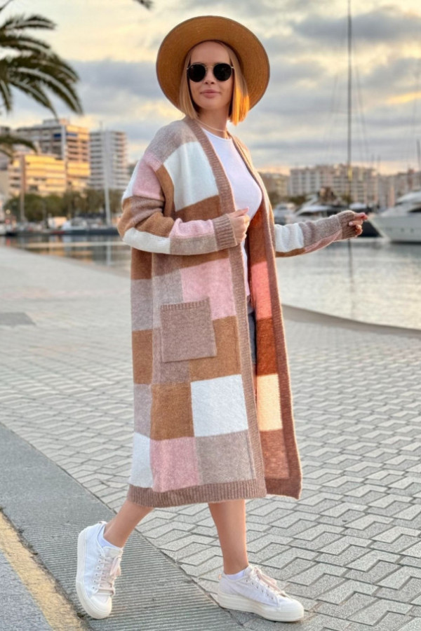 Długi kolorowy kardigan z kieszeniami valeria latte-beż