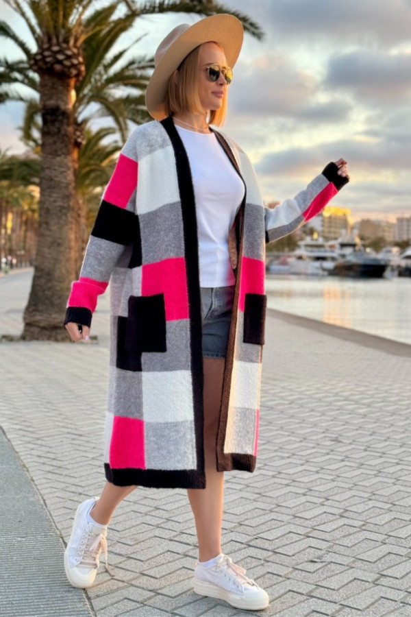 Długi kolorowy kardigan z kieszeniami valeria czarny-szary