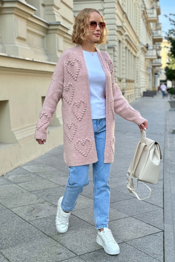 Kardigan w serduszka heart puder róż