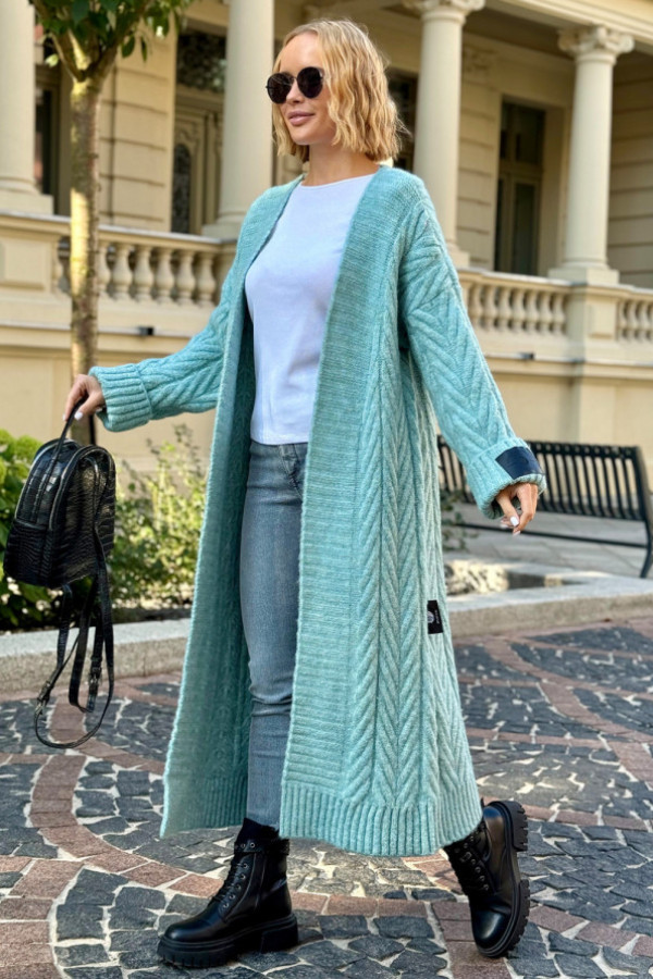 Długi kardigan z ozdobnym splotem kris turkus