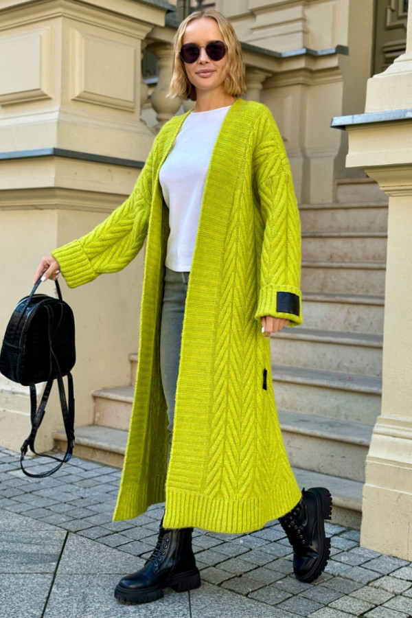 Długi kardigan z ozdobnym splotem kris limonka