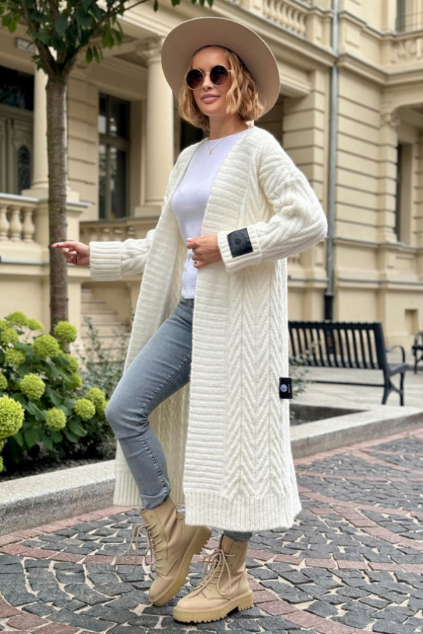 Długi kardigan z ozdobnym splotem kris ecru