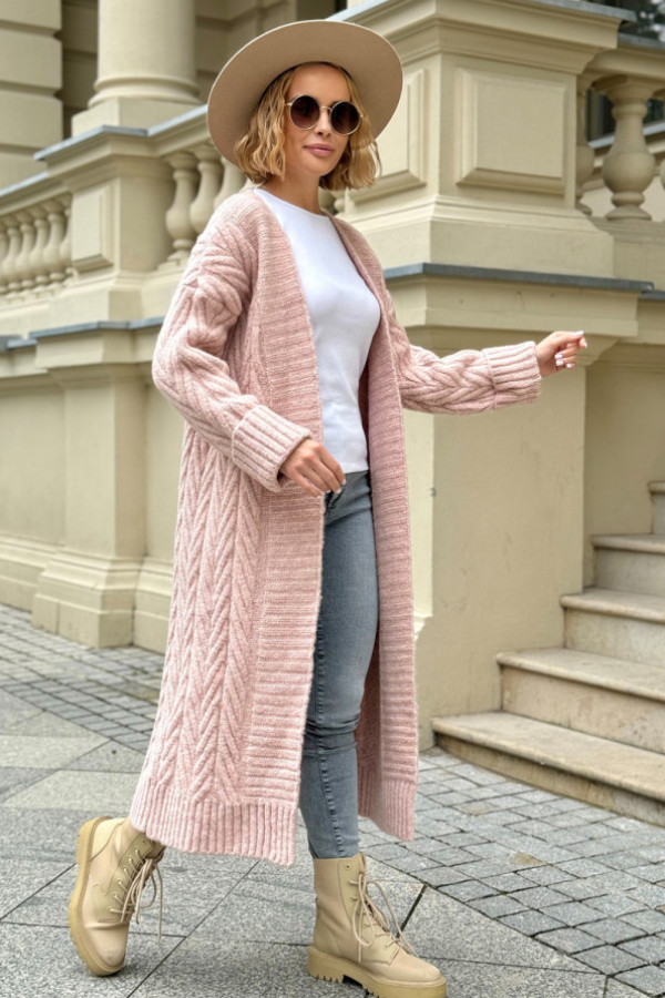 Długi kardigan z ozdobnym splotem kris puder róż